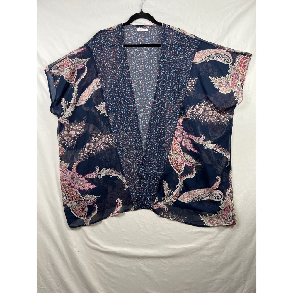 Maurices Kimono Cardigan Women L/XL Navy Blue Paisley Floral Sheer Boho Layering